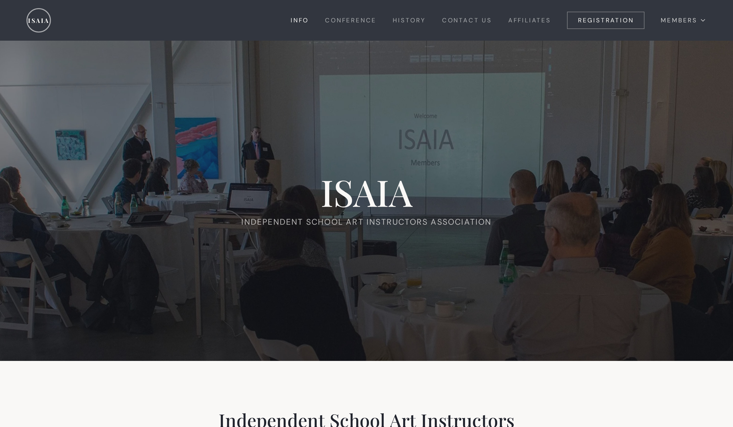 The ISAIA conference website, built around member artwork and the 2027 programme