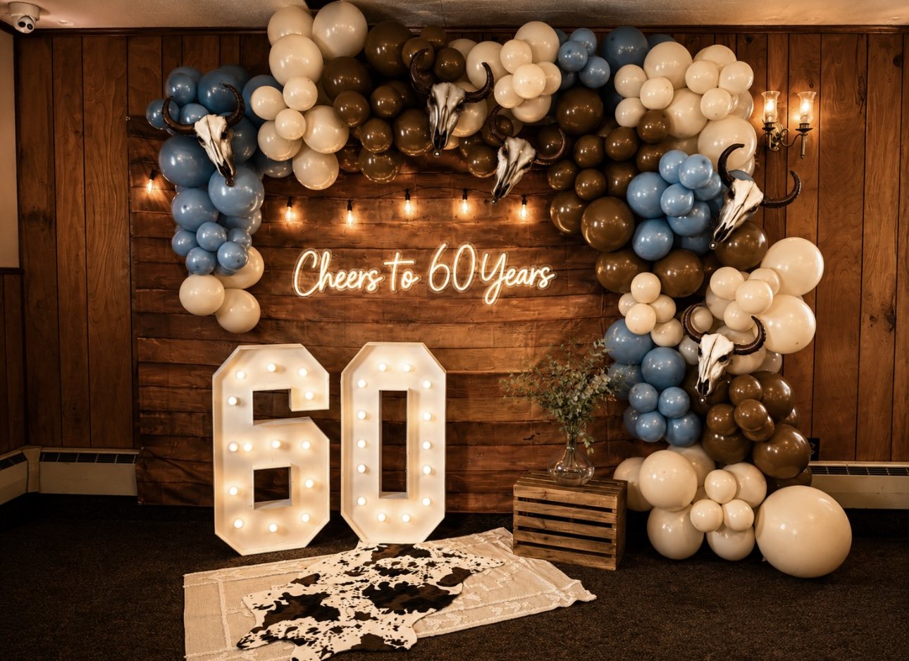 A styled Pour Decisions event backdrop with balloons and marquee letters