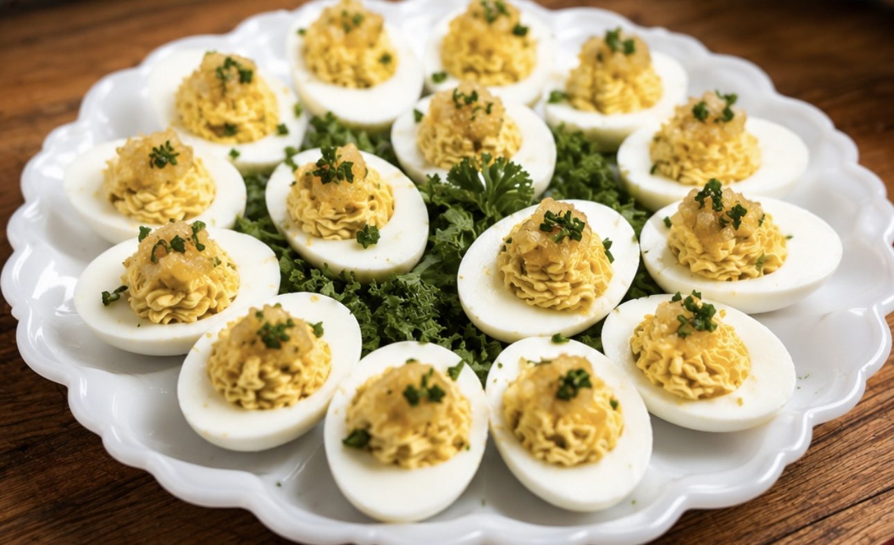 Platter of deviled eggs styled for catering service