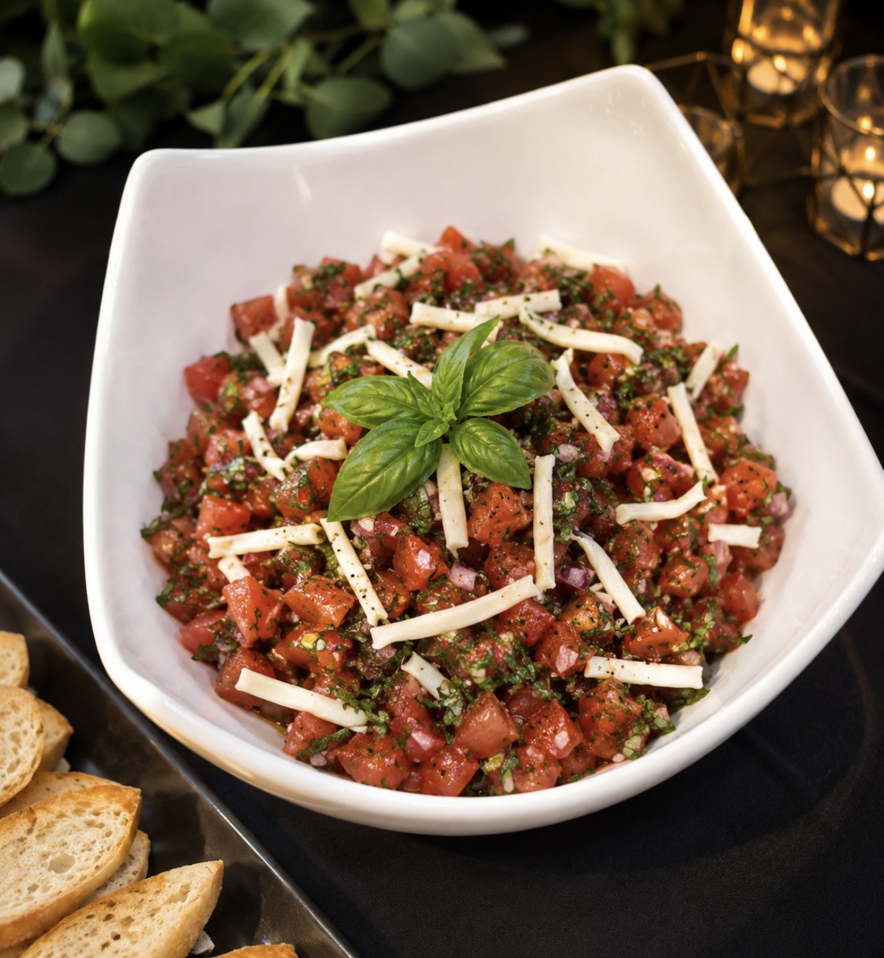 Fresh bruschetta plated for a Pour Decisions catering spread