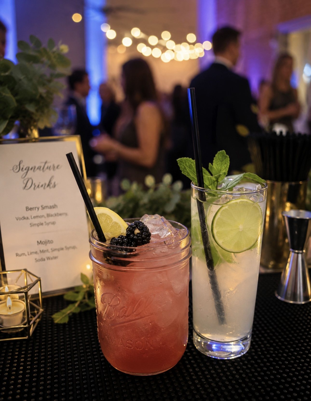 Two signature cocktails garnished and served at an event