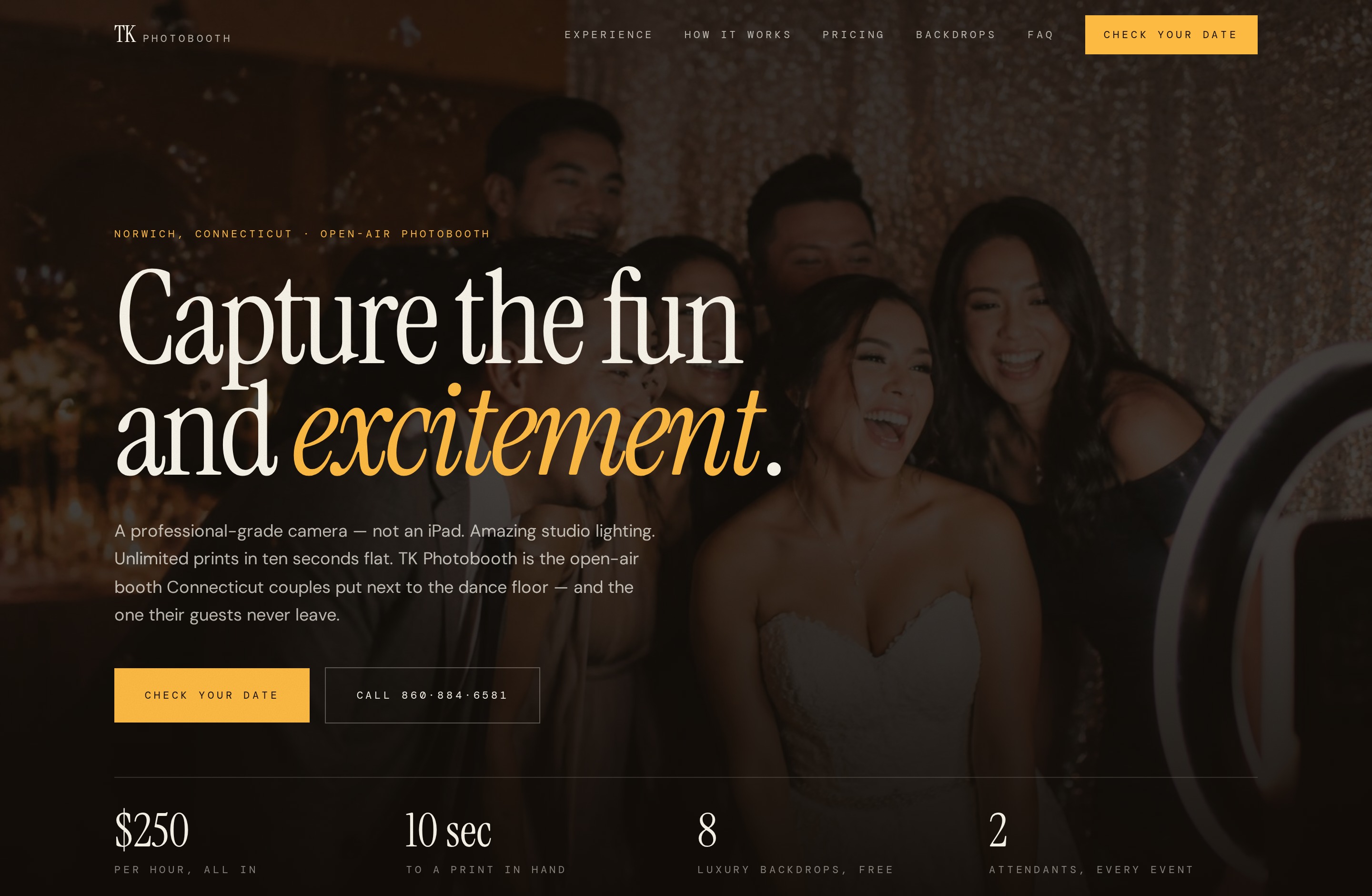 The TK Photobooth homepage, led by a full-bleed wedding reception photograph